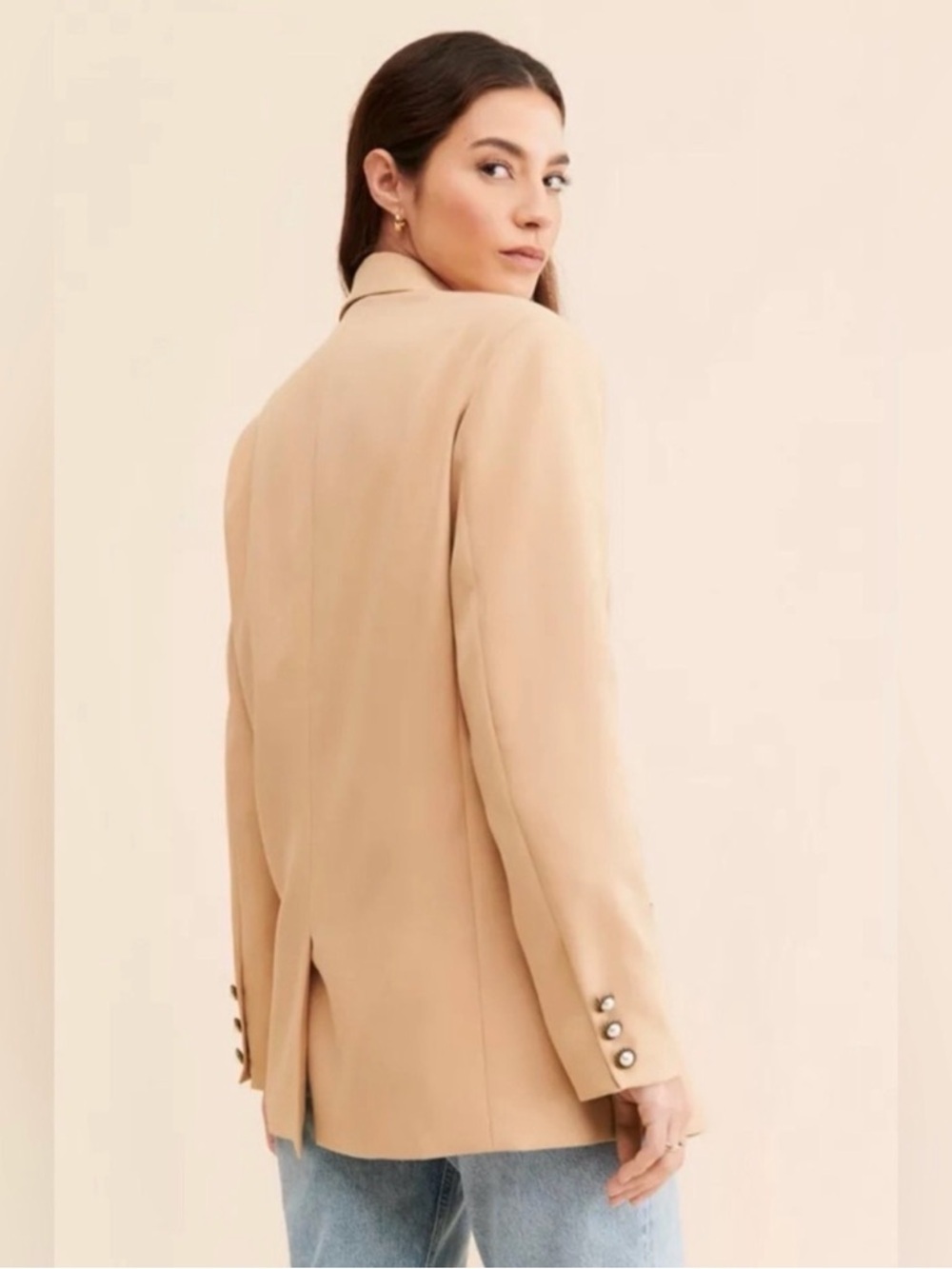 Sister Jane NWT Beige Harlow Double-Breasted Blazer w/ Brass Pearl Buttons $138 - Picture 3 of 11